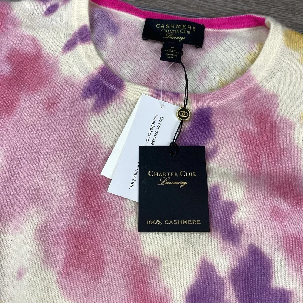 Charter Club Women's Luxury Cashmere Crew Neck Sweater Pink Yellow Tie Dye M New